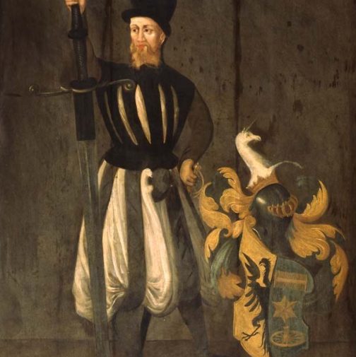 Een schilderij van Foppe van Camstra (1572) met een tweehandszwaard.