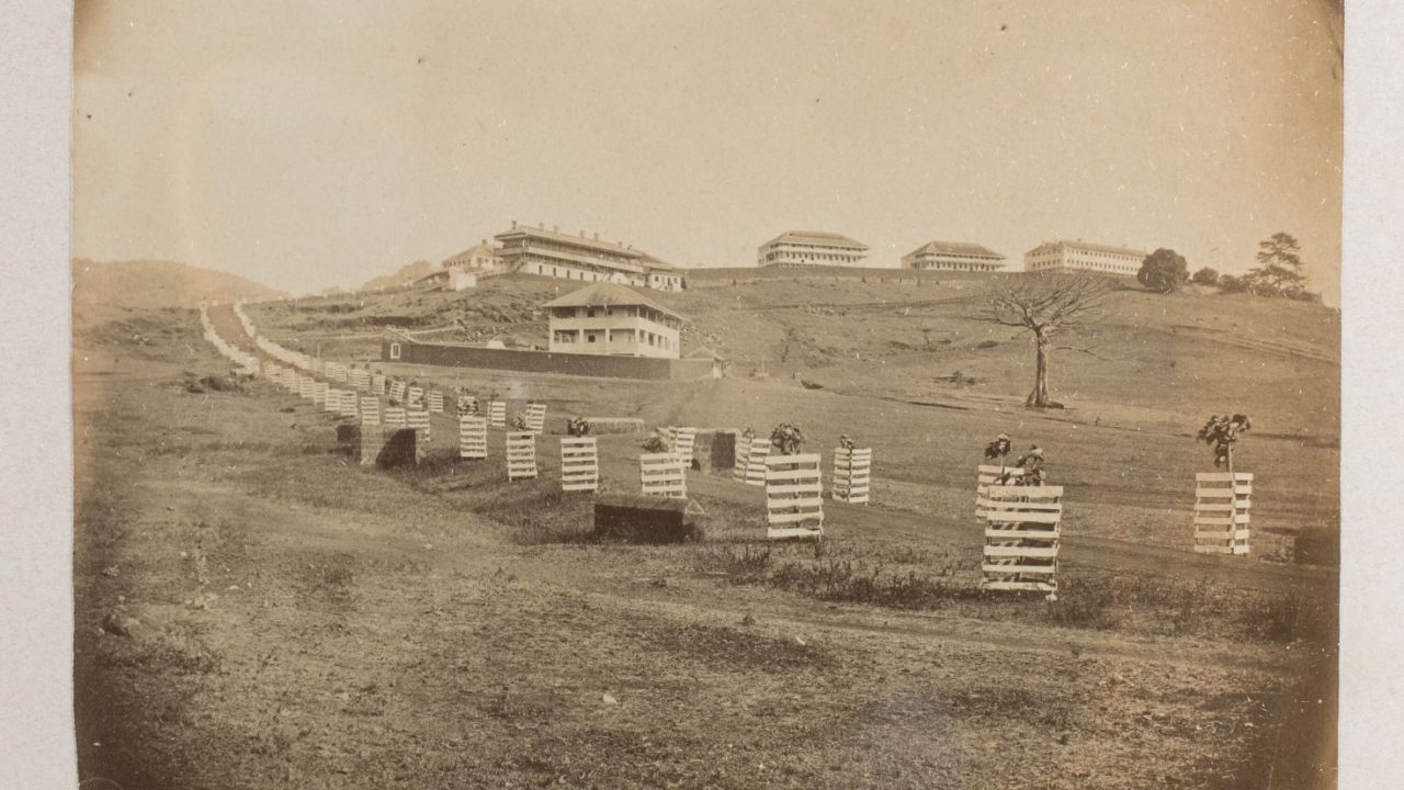 Huizen op een heuvel aan de goudkust met landbouw.