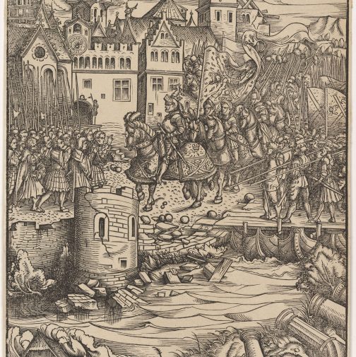 De intocht van Maximiliaan in Utrecht door de afgebroken stadsmuur, uit het boek De Witte Koning, 1514–1516. The Metropolitan Museum of Art, New York, DP834048.