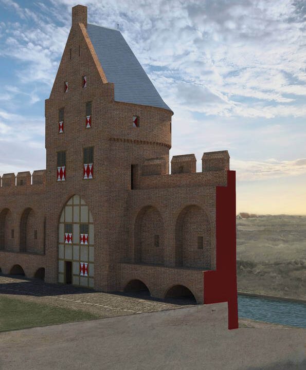 Een digitale reconstructie van een deel van de Utrechtse stadsmuur zoals deze er tijdens het beleg kan hebben uitgezien