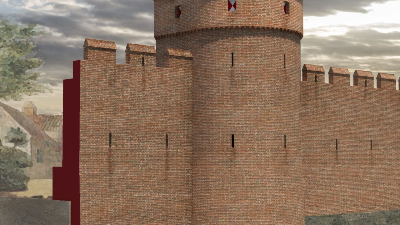 Een digitale reconstructie van een deel van de Utrechtse stadsmuur zoals deze er tijdens het beleg kan hebben uitgezien